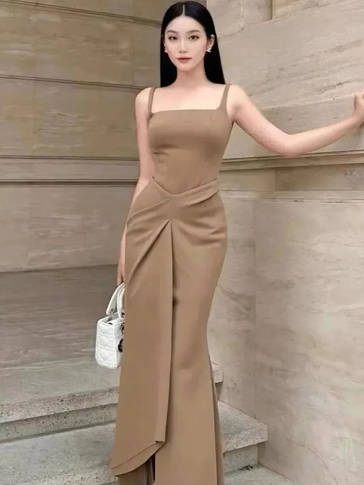 DEAT Elegant Dress Camisole Sleeveless High Waist Cross Slit Slim Women\'s Evening Party Dresses 2024 Summer New Fashion 13DB4710