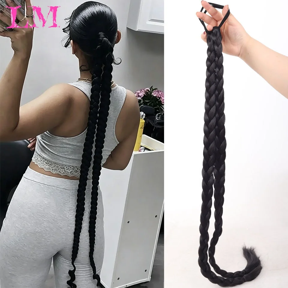 LM Synthetic Long Box Straight Braided Hair Extension Ponytail Elastic Rubber Band Clip-in Black Hairpiece for Women Daily