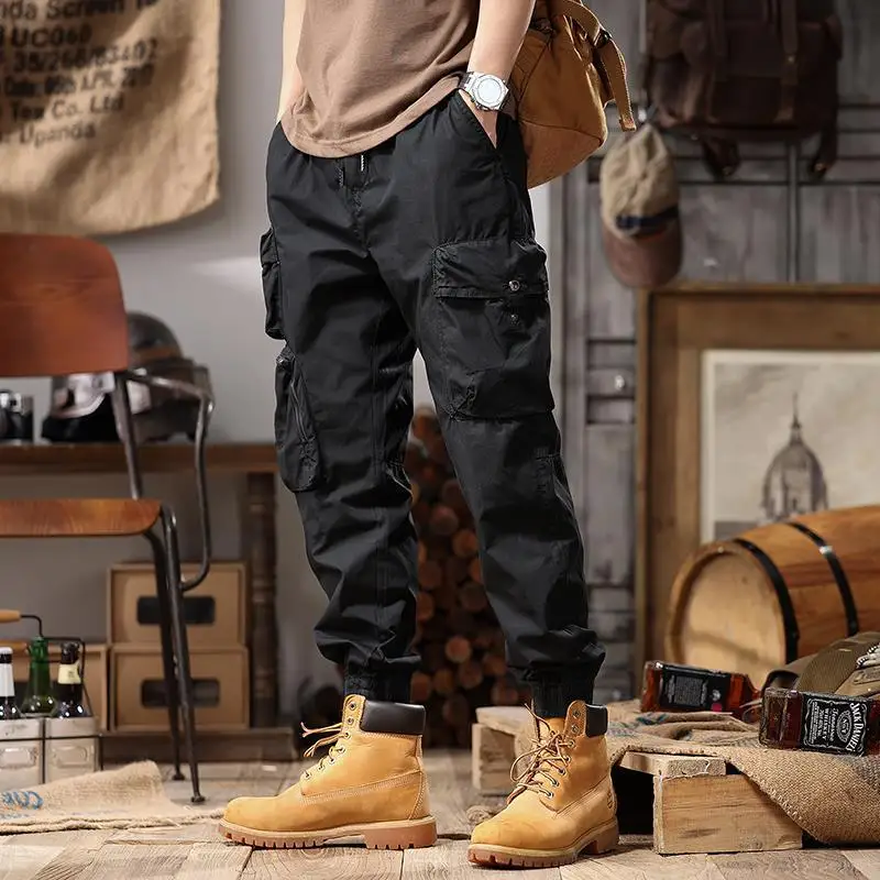 

American Retro Workwear Pants Men's Spring and Autumn Loose Straight Casual Pants Sports Fashion Brand Elastic Waist Ankle Bande