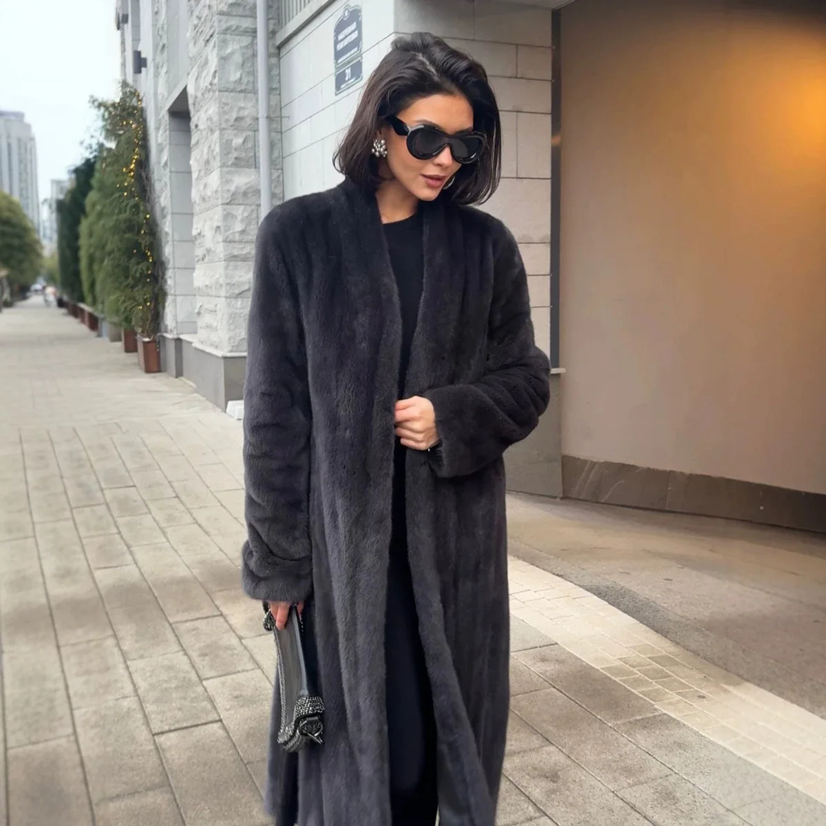 Long Coats Women Faux Fur Jackets V Neck  Thick Warm Y2k Streetwear Full Sleeve Jacket Elegant Work Ankle Length Autumn Winter