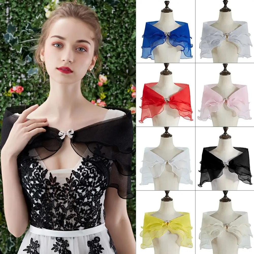 Women Bow Rhinestones Casual Bridal Shawl Lace Sleeve Shrug Dress Cloak Wedding Cape