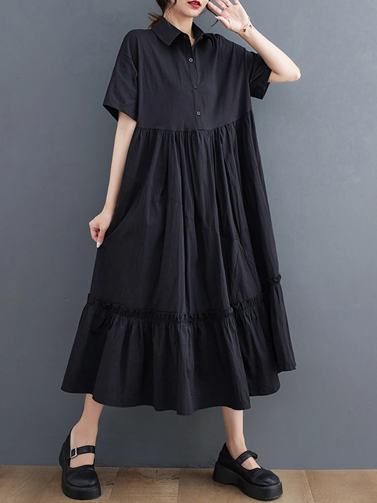 NYFS 2023 Summer New Korea Woman Dress Vestidos Robe Elbise Loose Plus Size Yamamoto Black Short Sleeve Shirt Dresses