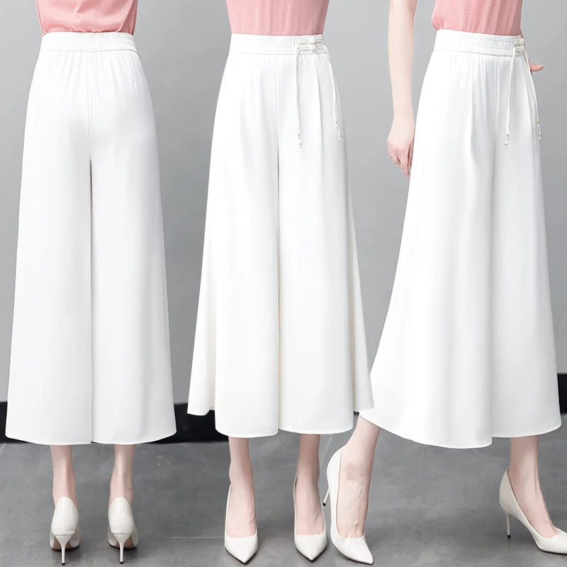 Chinese-style buttoned chiffon cropped pants for women, summer thin skirt-pants, new loose white wide-leg pants, fashionable mom