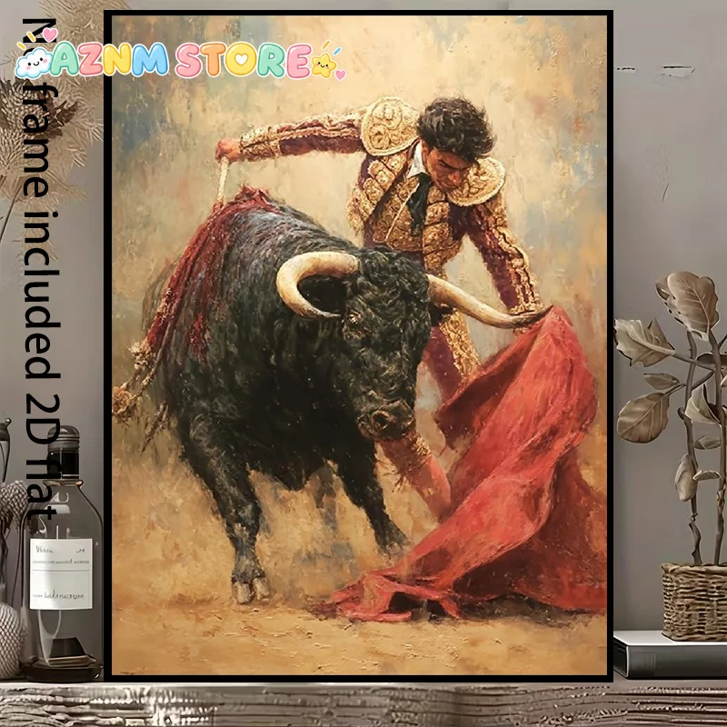 2027, , A  Canvas Painting Featuring a Bullfighter Waving a Red Cloth, Facing Off Against a Black Bull, Presented As a Framel
