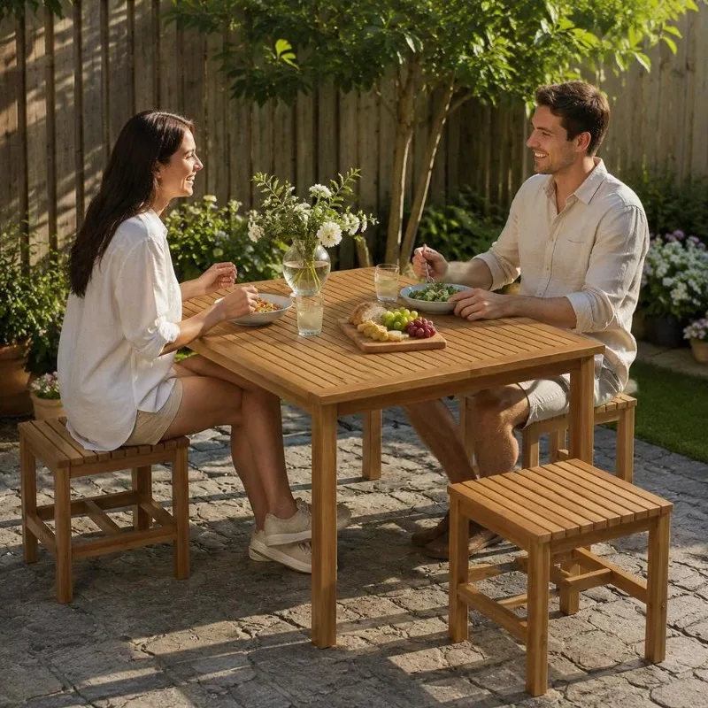 Plateau de table carré en teck massif 90 x 90 x 3 cm, finition brun naturel, sans assemblage, entretien facile, pour intérieur, balcon, terrasse, salon, studio et aménagement sur mesure de votre espace.