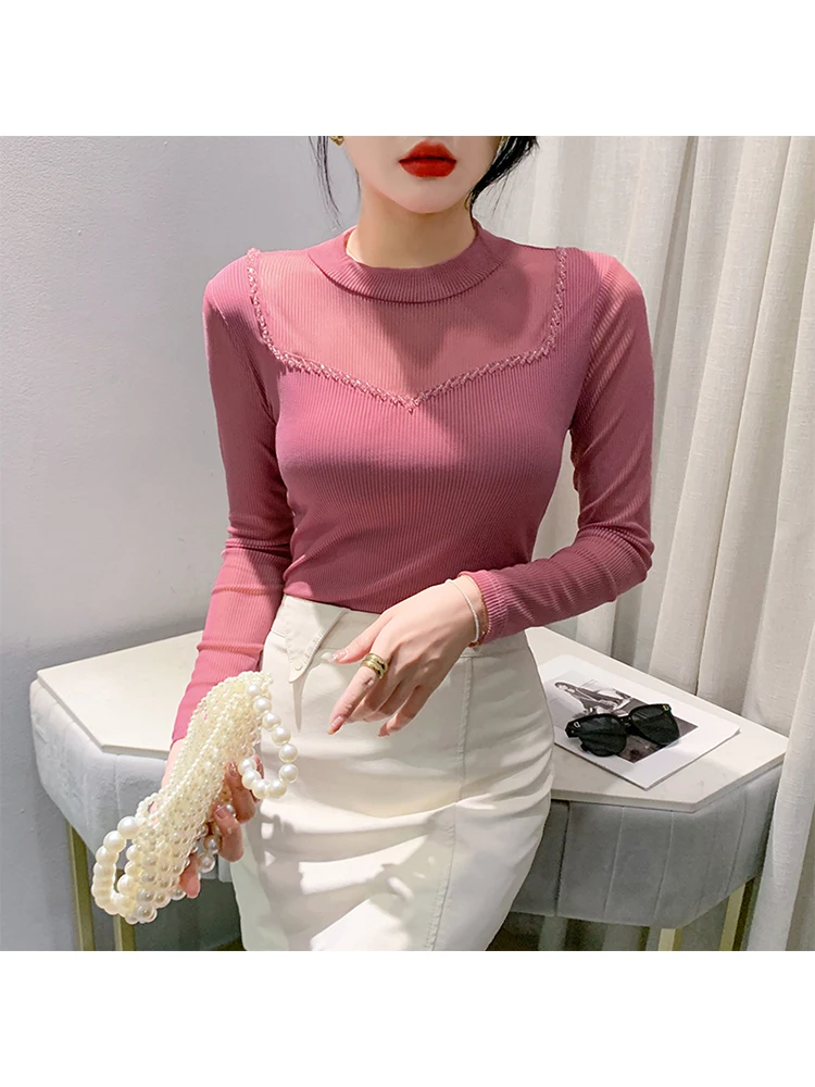 MadBlack European Clothes Tshirt Women Sexy Round Collar Hand Made Beaded Slim Long Sleeve Office Tees Autumn Spring T38058JD