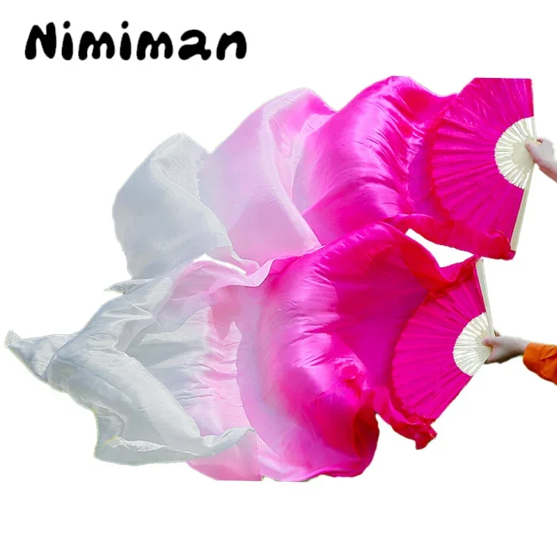 New Belly Dance 100% Silk Fan Silk Veils Double Color Gradient High Quality (Left+Right) 1Pair Long Fans Dance Performance