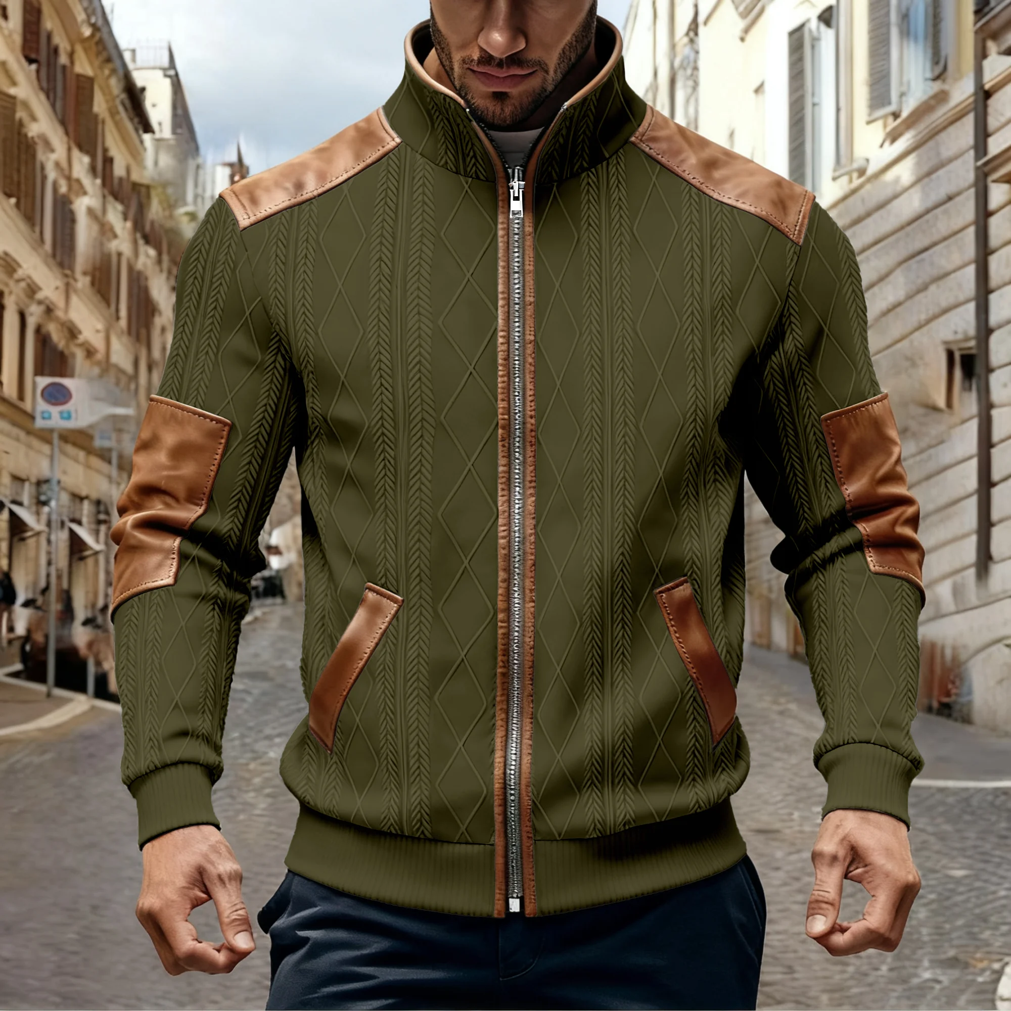 Men's Fleece Lined Leather Patchwork Zipper Warm Jacket Spring Autumn Bestseller Casual Biker Coat