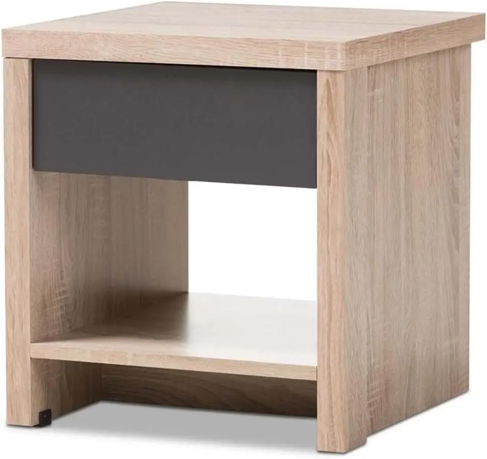 Drawer Wood Nightstand in Light Brown and Gray