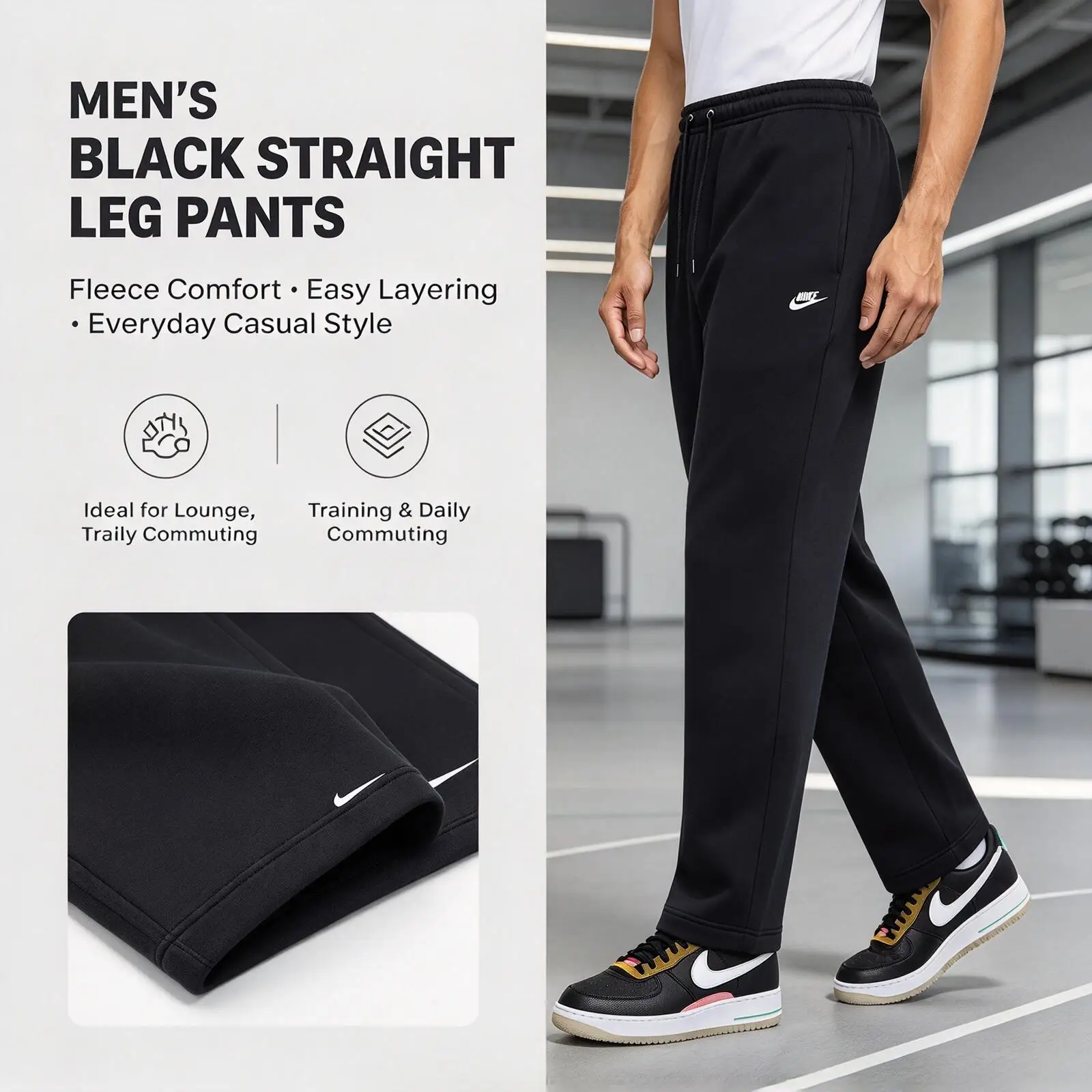 Nike Fleece-Lined FN3732-010 Men Knit Pants, Soft Drawstring Straight Leg Casual Trousers for Daily Lounge Training