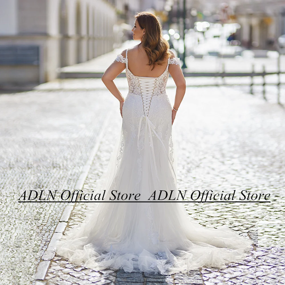 ADLN Elegant Wedding Dress for Plus Size Bride Sexy Spaghetti Straps V Neck Applique Soft Tulle See Through Mermaid Bridal Gown