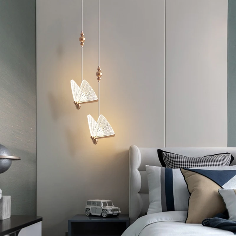 Modern LED luxury creative net red butterfly pendant lights Single double head Nordic bedside Long-line hanging lamp