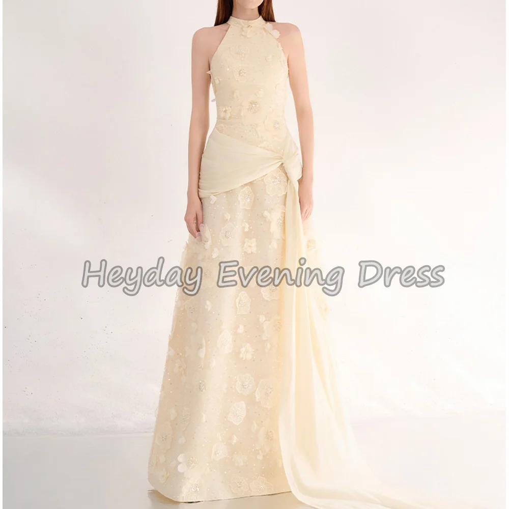 

Heyday Tulle A-line O-neck Floor Length Simple Saudi Evening Dresses For Women 2025 With Sleeveless 3D Flowers Arab Party Dress