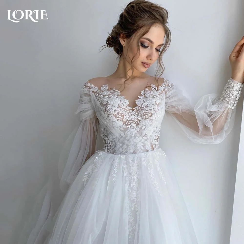 LORIE Tulle Wedding Dress Sweetheart Puff Sleeve A-line Lace Applique Bride Gown Customized IllsionBride Dress vestidos de novia