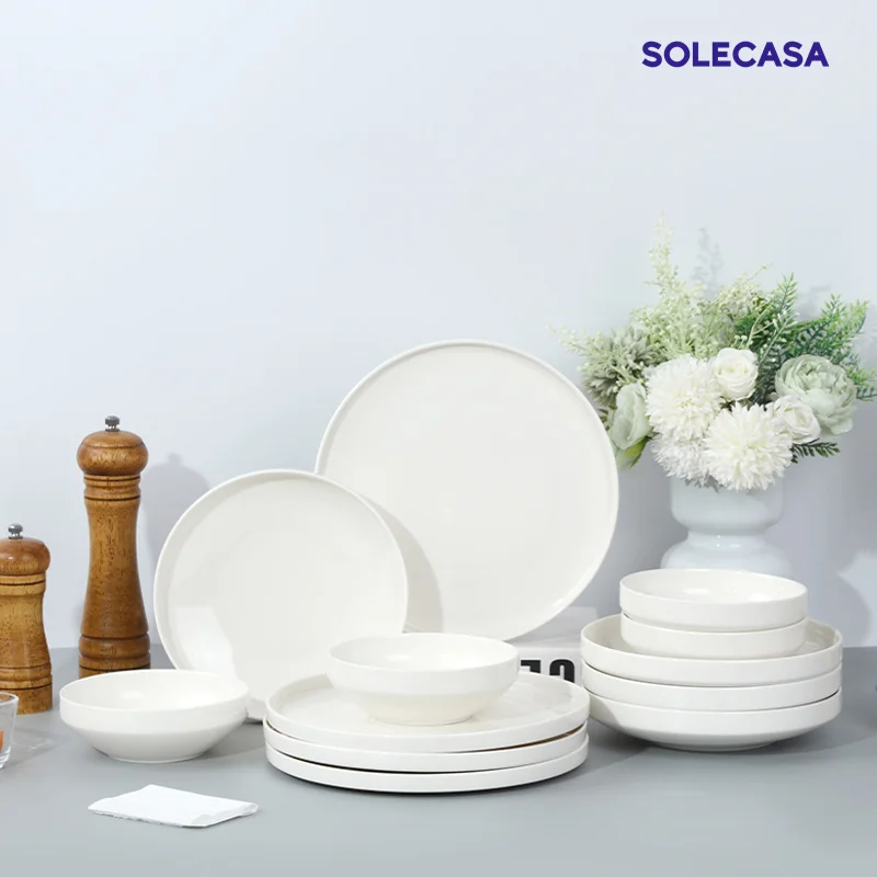 SOLECASA 3/12 Pieces Porcelain Dinnerware Sets White Bowls and Plates Scratch Resistant Dish Ceramic bowl Spaghetti Dinner Plate