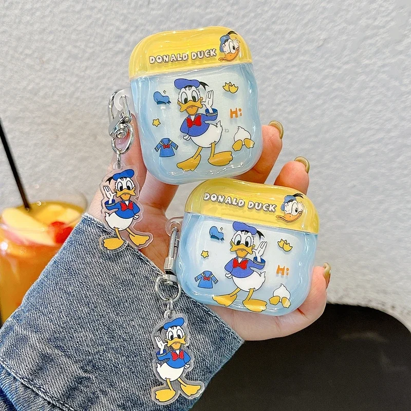 Niedliche Disney Donald Duck Kopfhörerhülle für Airpods 1 2 3 4 Pro 2, kabelloses Bluetooth-Headset, schützende, klare Abdeckung mit Anhänger