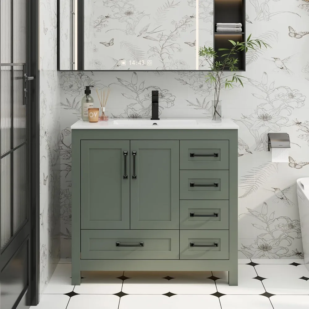 

36" Bathroom Vanities with Sink Combo, Modern Thickened Wood Bathroom Storage Cabinet w/Undermount Sink, Matte Black Faucet