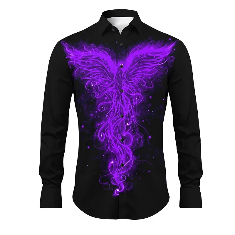 Men\'s Phoenix pattern printed shirt, suitable for daily outings, autumn and winter, lapel, long sleeves, red, royal blue, blue