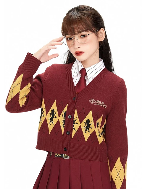 Potter Hogwarts Academy Style Autumn Winter Diamond Knitted V Neck Sweater Cardigan Hermione Gryffindor Student Sweater Coat