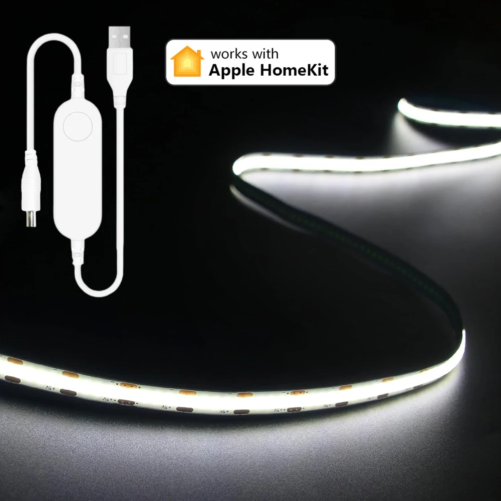 USB Homekit WiFi COB LED Strip 5V 1m 2m Ciepły biały Elastyczne ściemnialne oświetlenie szafki pokojowej 3000K 4000K 6500K Siri Sterowanie głosowe