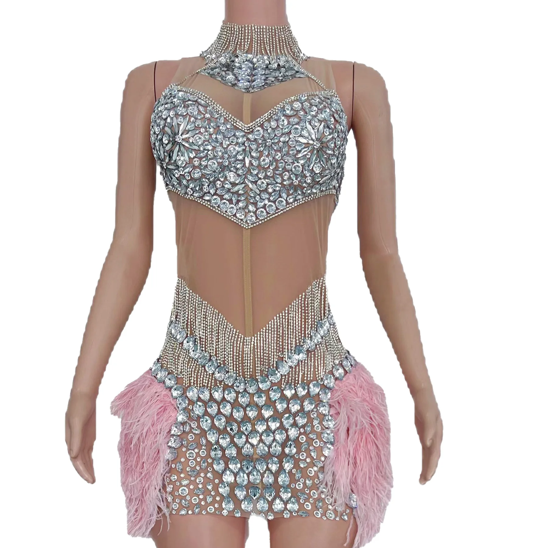 Jiubao Abito da sera da donna di lusso Prospettiva sexy Maglia Argento Cristallo Abito con piume rosa Abito da spettacolo per festival musicali da bar