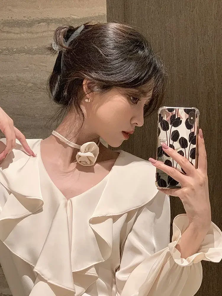 秋白リボンデザインブラウス女性 V ネック Y2k フレンチヴィンテージエレガント原宿トップス女性固体韓国ファッションシックな服