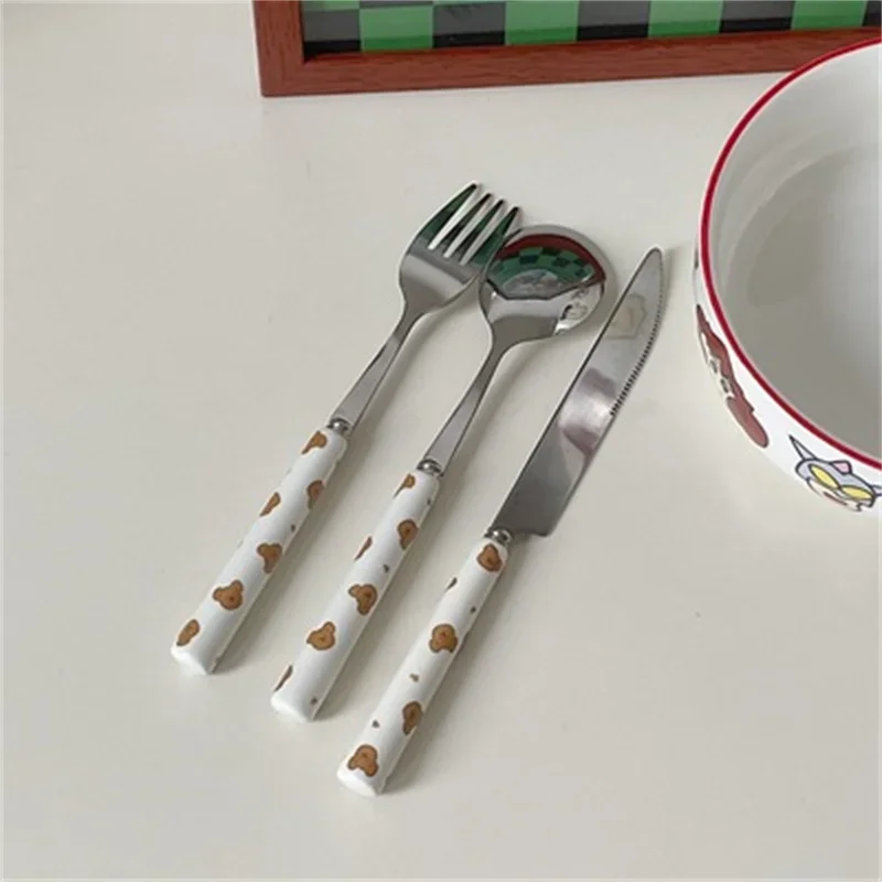 Cute Bear Tableware Stainless Steel Knife Fork Spoon Students Cutlery Set Ceramics Handle Coffee Dessert Fork Spoon Kitchen Tool