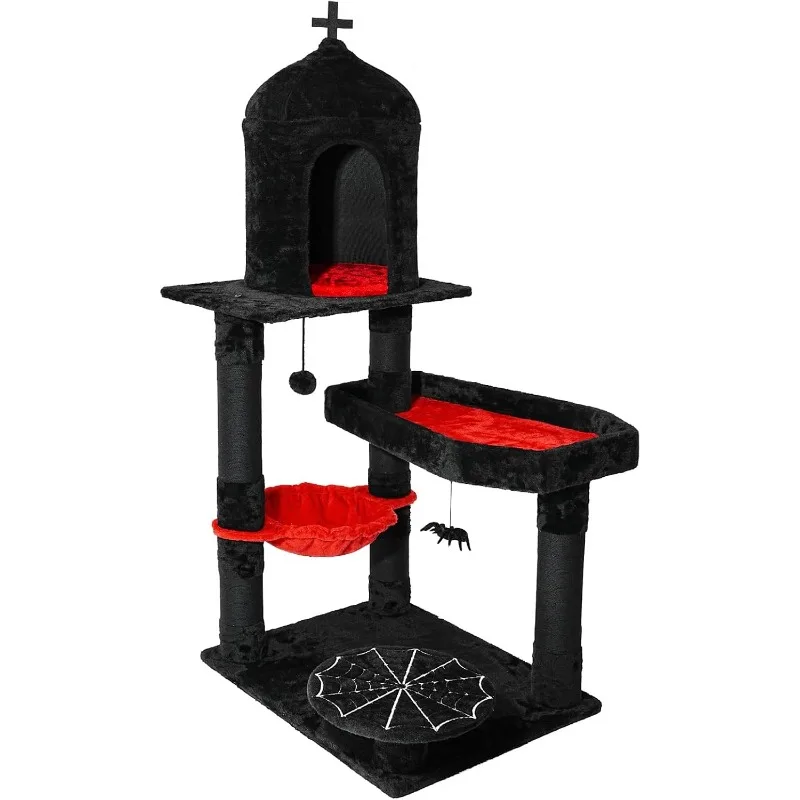 

Gothic Cat Tree with Coffin Bed，55" Cat Tower，Scratching Posts，Spider Hanging Ball，Multi-Level Cats Activities Furniture