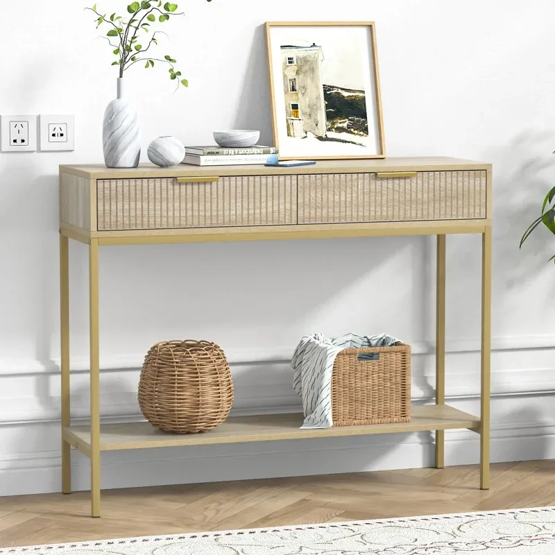 

Farmhouse Console Table Entryway Table with One Open Shelf with 2 Drawers for Hallway, Living Room, Oak H0117