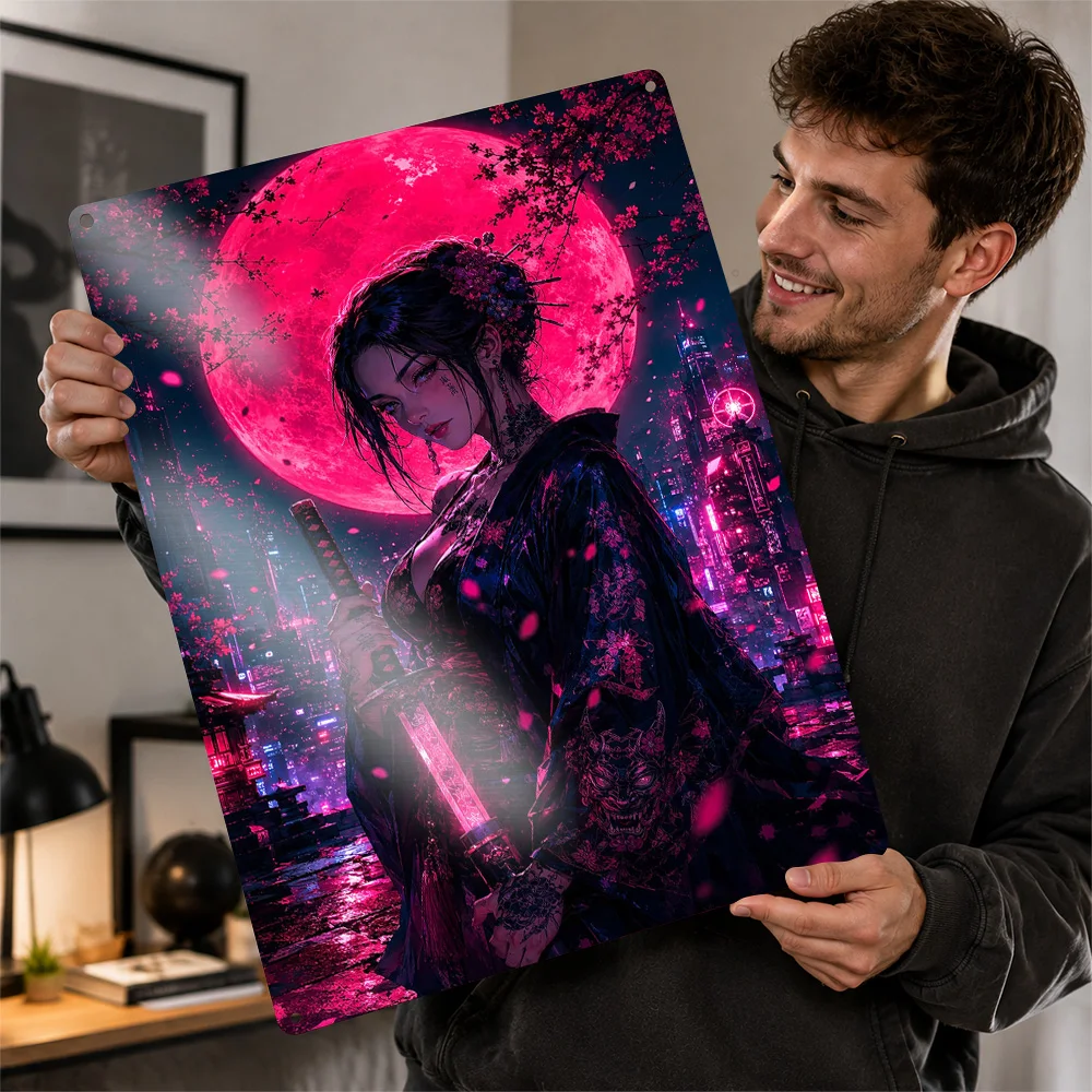 Cyberpunk Geisha With Katana 3D Texture Printed Poster Custom Vintage Metal Tin Plate Sign for Wall Art Home Decor Living Room