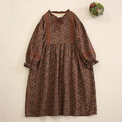 New Autumn Japanese Mori Girl Vintage Floral Print Cotton Dress Women Retro V-Neck Long Sleeve Casual Loose Midi Dresses