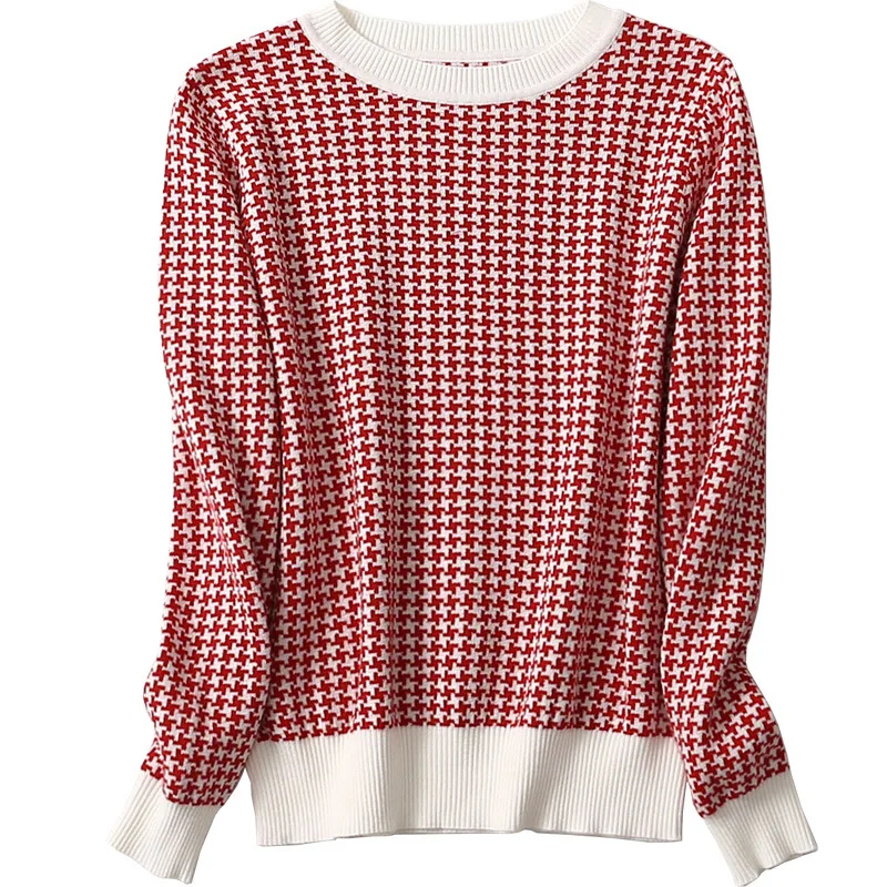 Women 63.9% Silk 10.2% Cashmere Houndstooth O Neck everyday Long Sleeve Pullover Sweater Top Shirt  LY029