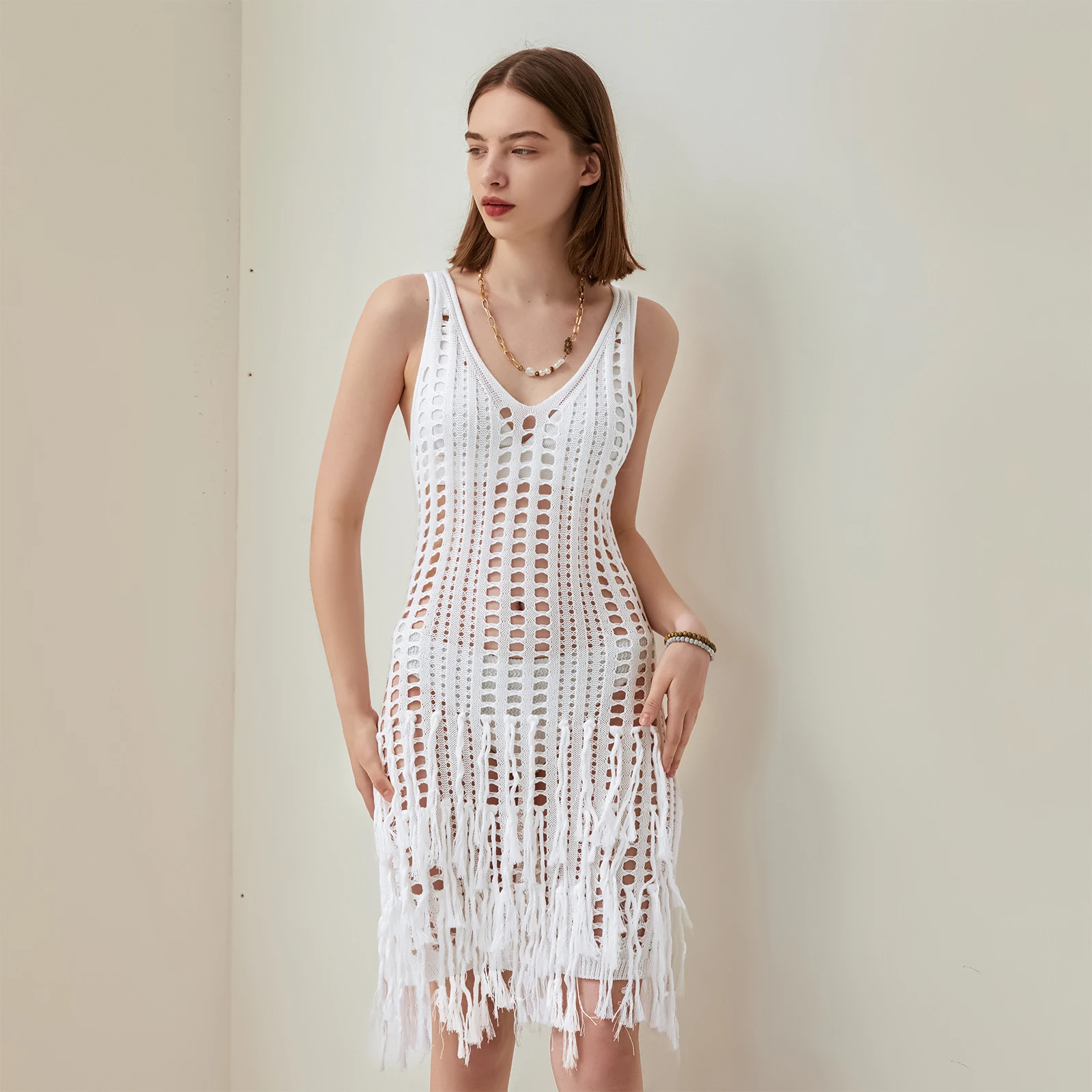 

Women Knit Cover-up Dress Sleeveless Mini Dress V-neck Hollowed Tasseled Solid Color Summer Holiday Beach Dress