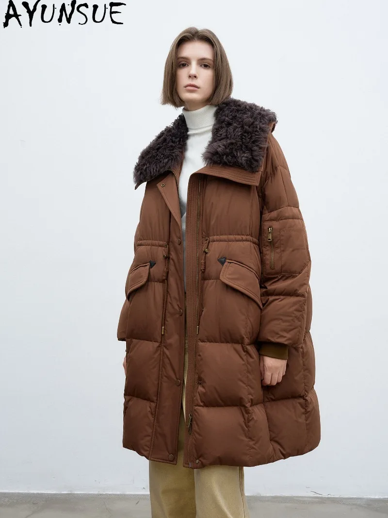 AYUNSUE Womens Long 90 White Goose Down Jacket Fur Integrated Genuine Fur Collar Free Gloves Clothes Ladies Winter Clothing 2026