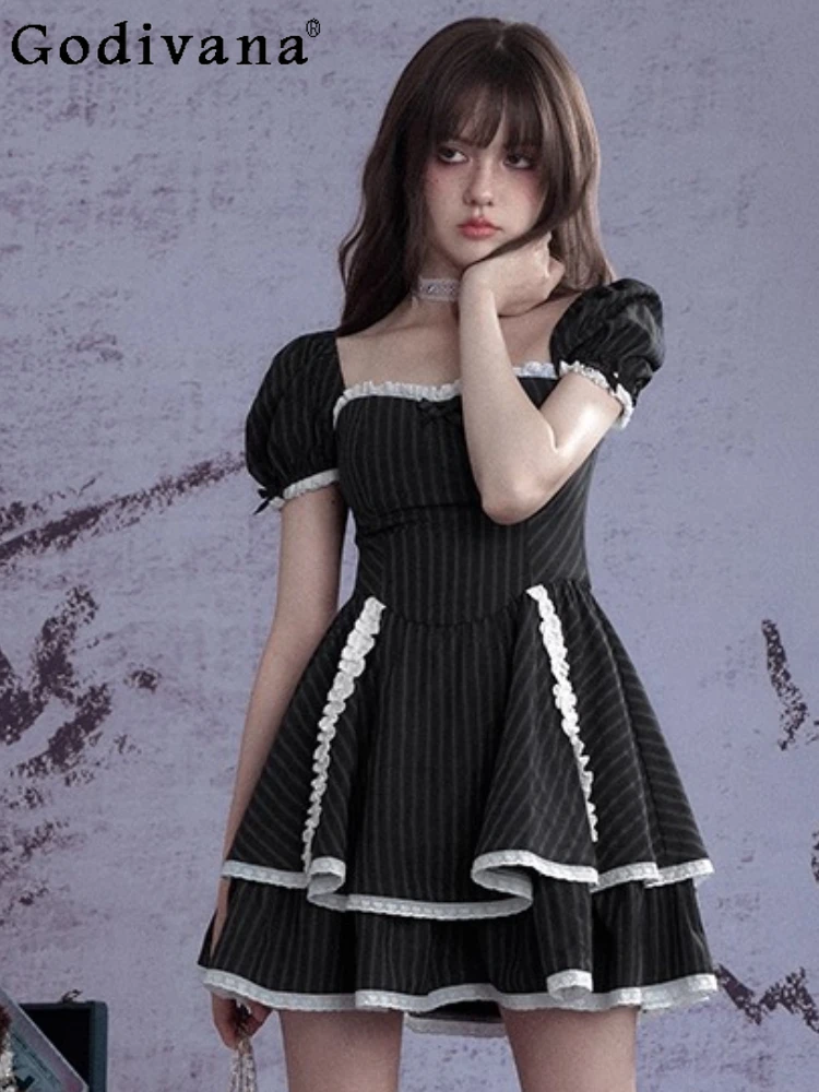 

Dark Striped Lace Lolita Sweet Square Neck Black Princess Cake Dress Girls Summer Short Sleeves High Waist Vintage Court Dresses
