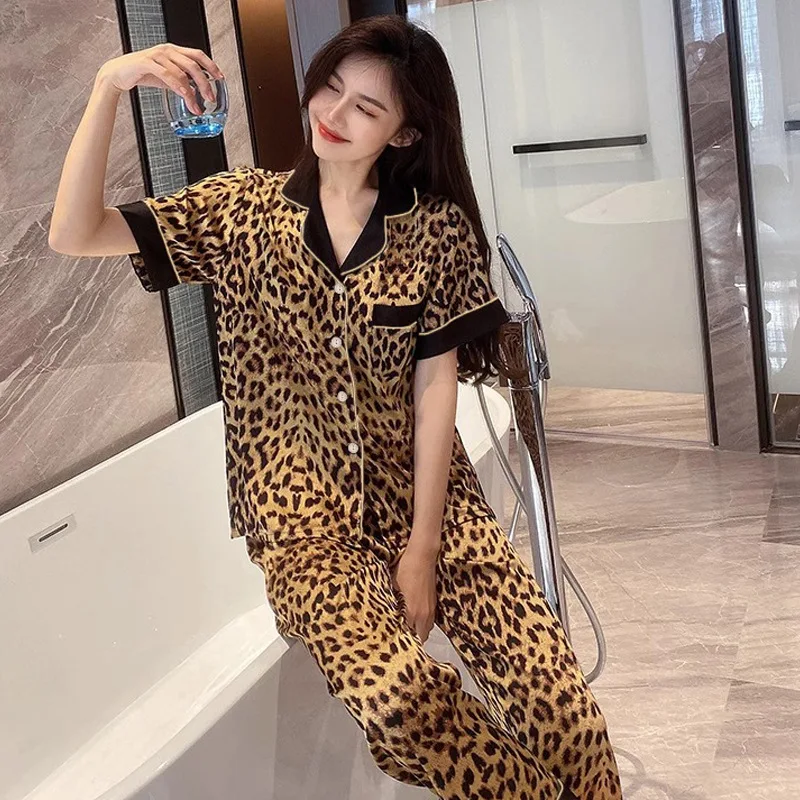 Ms. Senior Light Luxury Wind Ice Silk Pajamas Homewear Suit New Female Summer Leopard Short-Sleeved Long Pants Homewear