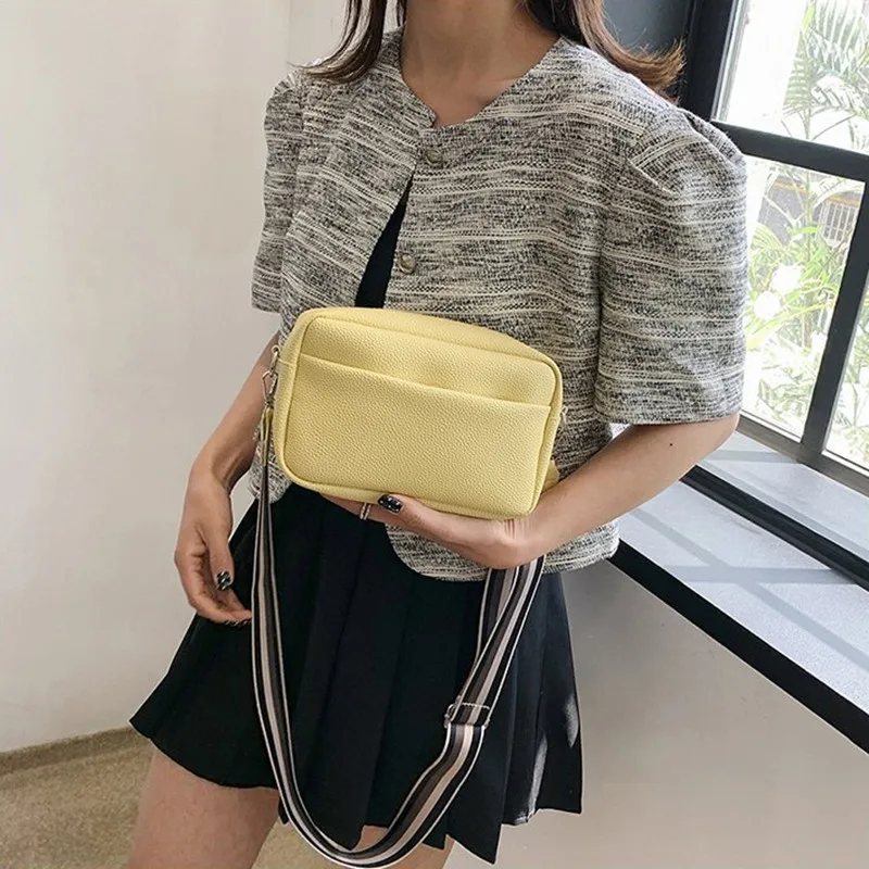 Lychee Pattern Solid color PU Crossbody bag Summer Wide Shoulder Strap bag Women\'s Travel Single Shoulder small Square bag