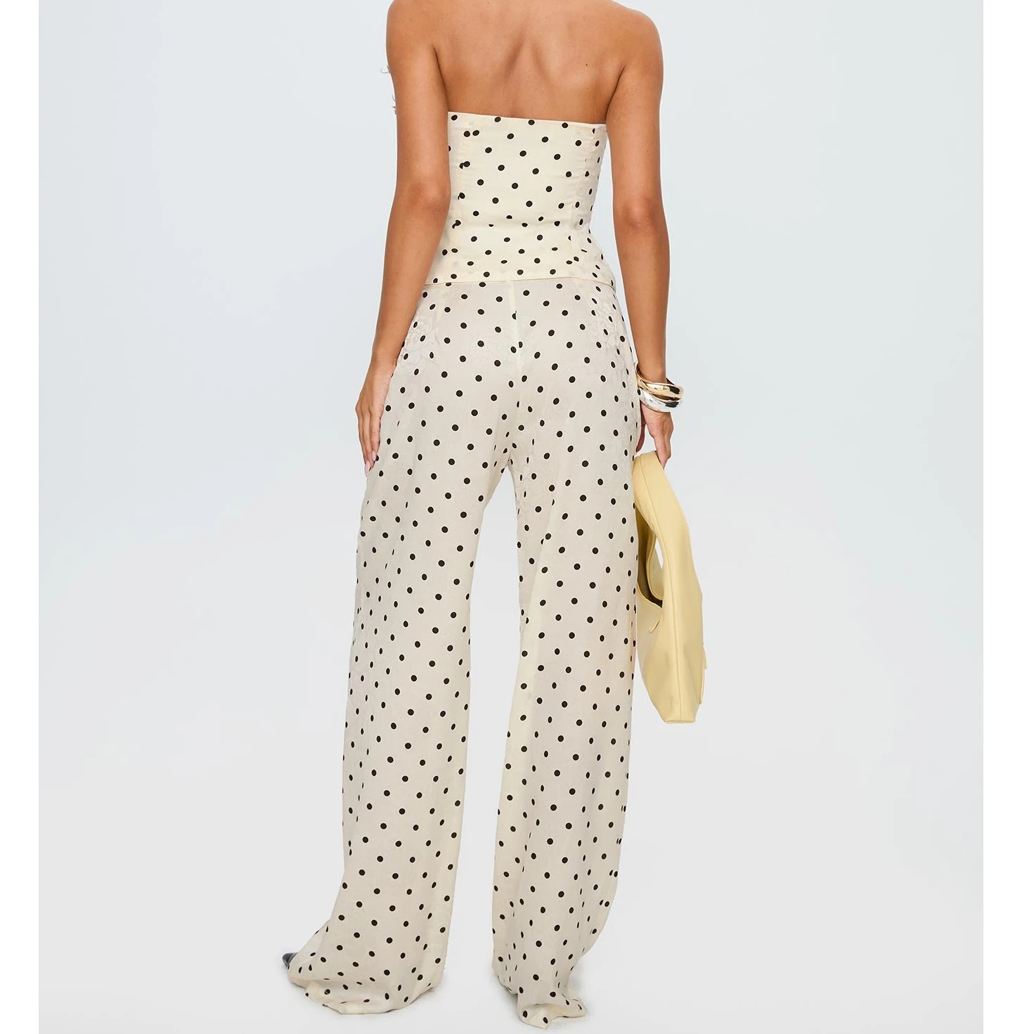 Women's High Street Sleeveless Pant Set Strapless Dots Print Tube Top And Wide Leg Pants Two Piece Outfit Loungewear