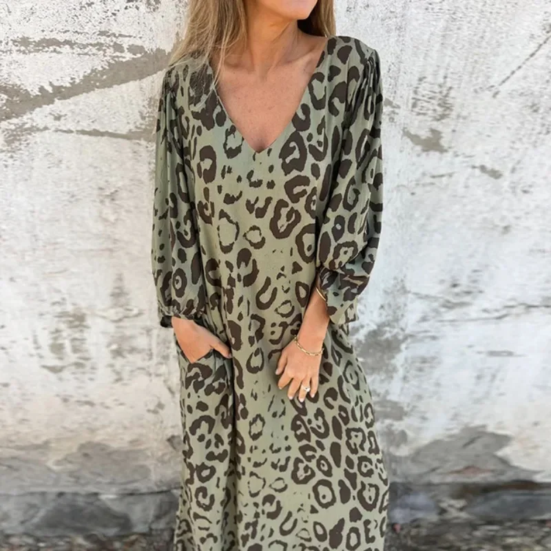 Abiti lunghi larghi con stampa leopardata vintage Donna 2025 Abito lungo con tasca con scollo a V elegante primavera Autunno Abito da vacanza Boho con maniche a 3/4