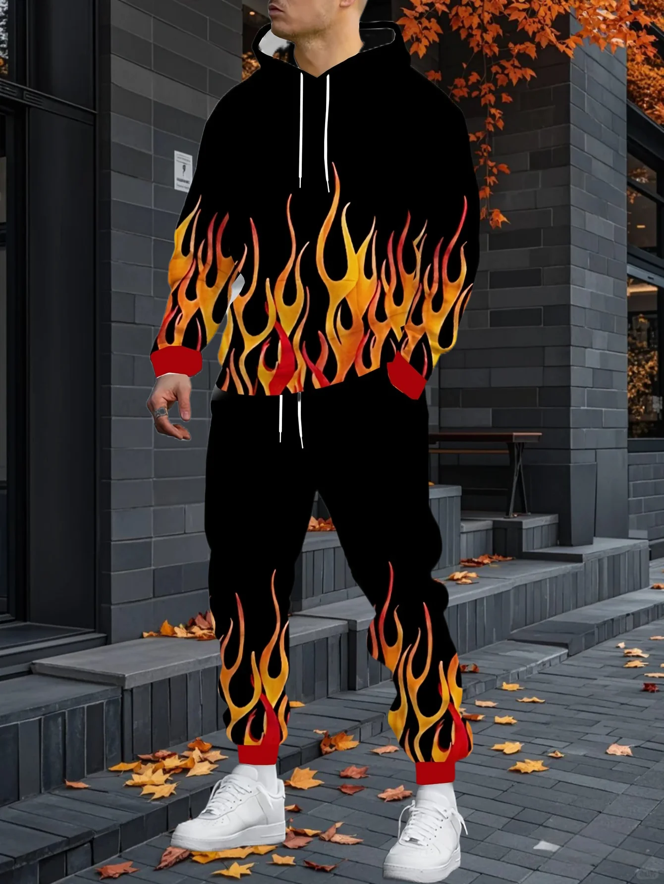 

2025/26 NEW Latest Spring and Autumn Set Trendy Men's American Street Flame 3D Printed Casual Long Sleeved Pants Hoodie Set