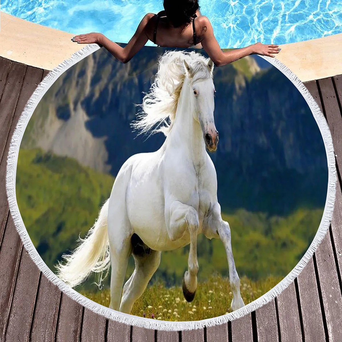 مزرعة الحيوان الحصان منشفة الشاطئ المستديرة، تشغيل الحصان بطانية شاطئ شال لينة ستوكات ماصة سريعة الجافة منشفة حمام السباحة نزهة الحصير #2