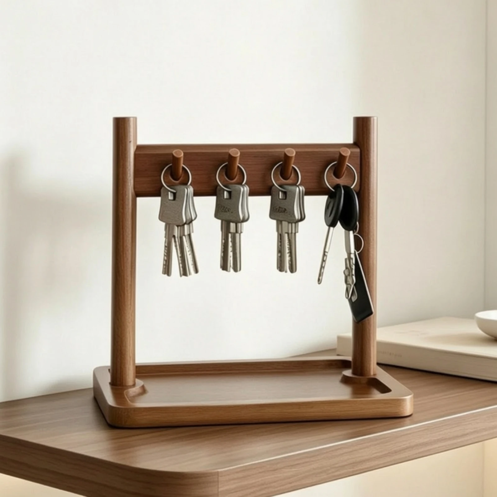 Tabletop Key Organizer with Storage Tray Multi-Functional Wooden Entryway Valet Tray with Key Hooks Natural Wood Grain