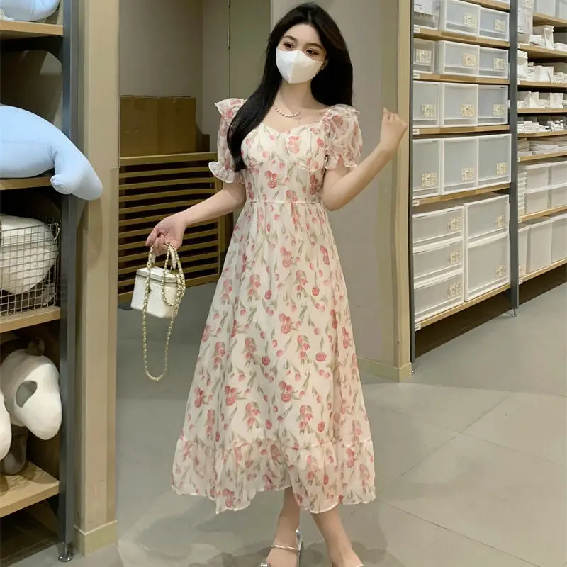 

Plus Size 6XL 150kg Summer Casual Women Flower Dresses Short Sleeve Chiffon Dress Vestidos Sweet Floral Dress