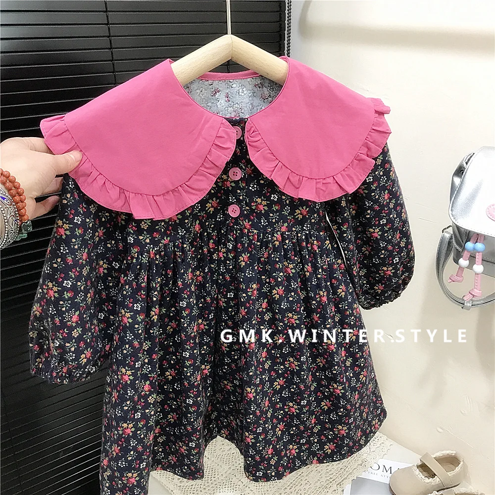 

Autumn Fashion Korean Style Girls Clothes Long Sleeve Floral Doll Collar Dress For Kids Casual Daily Outfits Children's Clothing
