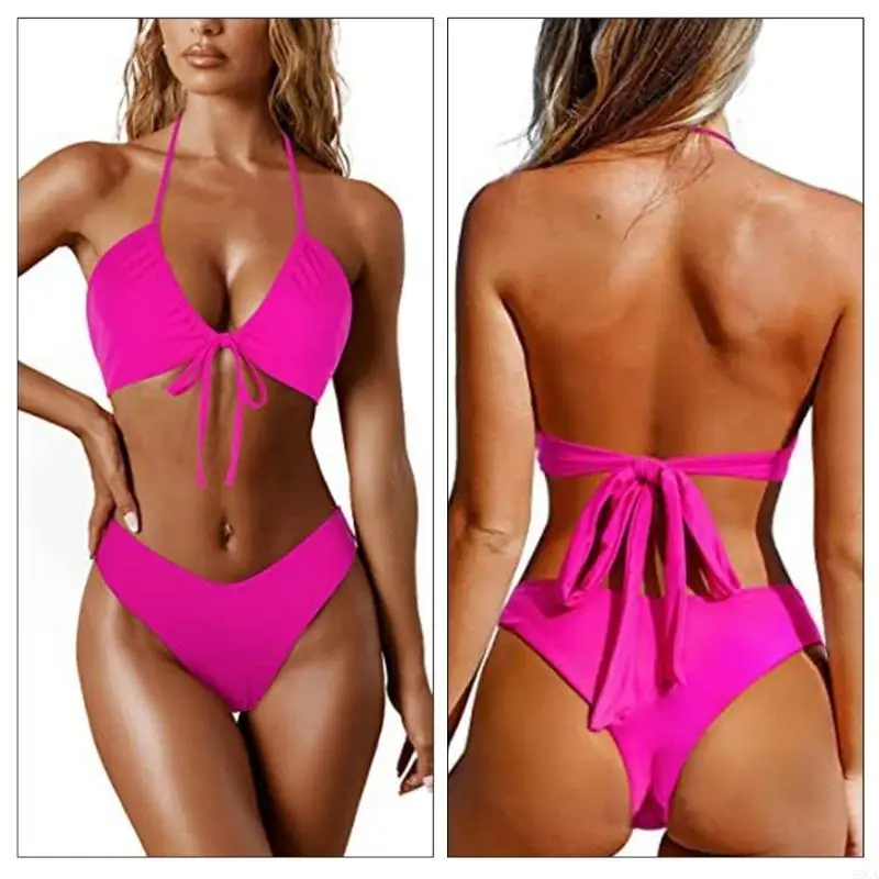 

Stylish Women Halterneck Swimsuit V Neck Swimwears Push Up Bathing Suit Ladies Padded Swimsuit with Adjustable Back Tie