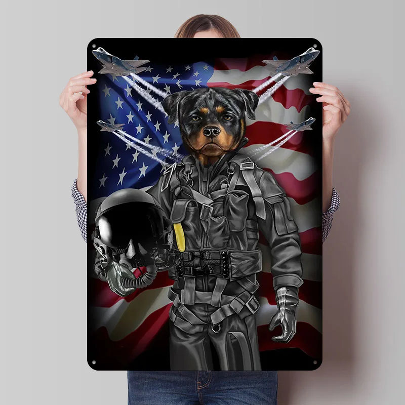Rottweiler in Air Force Poster Customized Vintage Metal Signs Wall Art Retro Tin Plaque for Modern Home Decoration Luxury House
