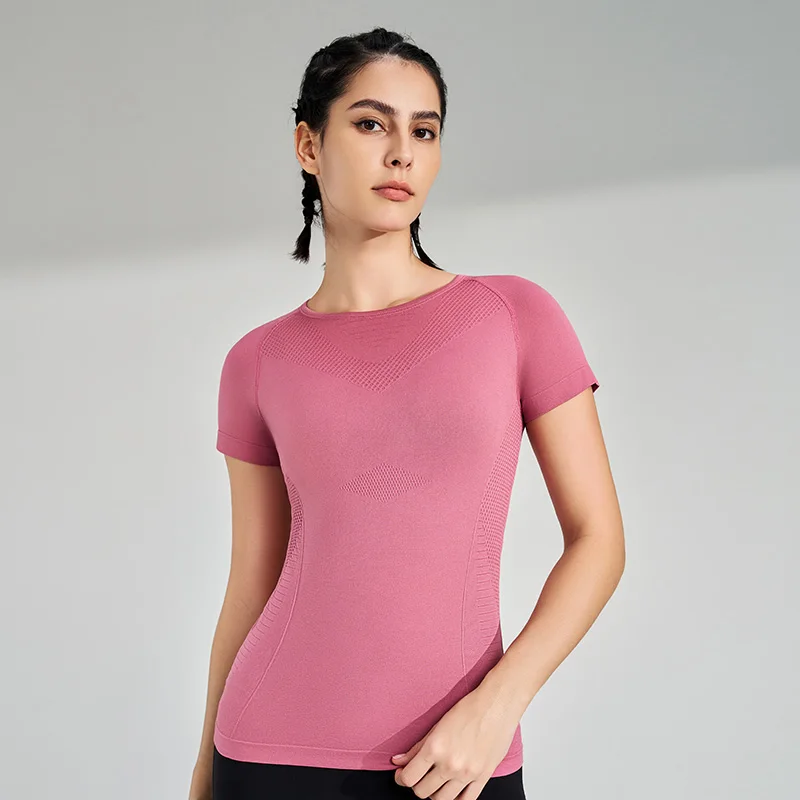 Camiseta de manga corta deportiva de secado rápido para mujer, sudadera transpirable para correr, ropa de gimnasio, Tops de manga corta para Yoga,