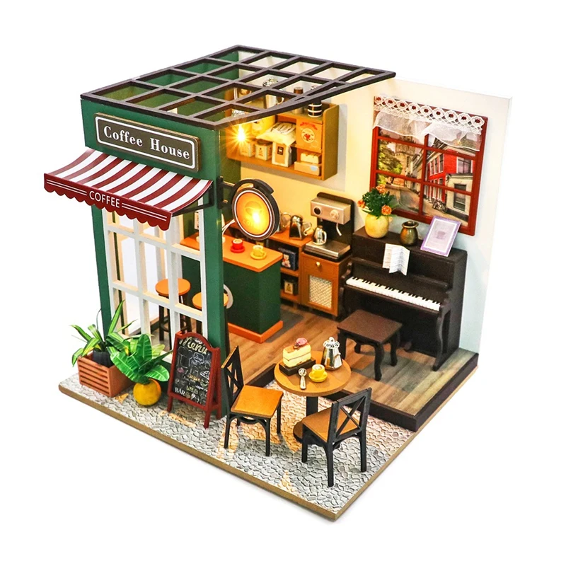 3D Puzzle Model Building  Wooden DIY Miniature Coffee House Kit For Kid Build Wooden Tiny DIY Model Kit Christmas Gifts