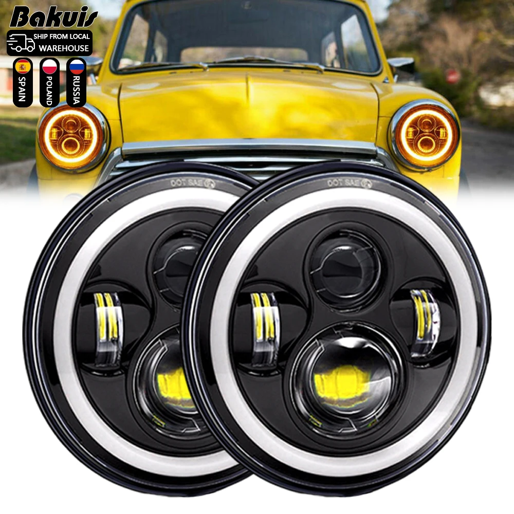 E Mark 7-дюймовые светодиодные фары «ангельские глазки» DRL для Classic Mini Austin Rover для Harley BMW Yamha Honda 7-дюймовые фары