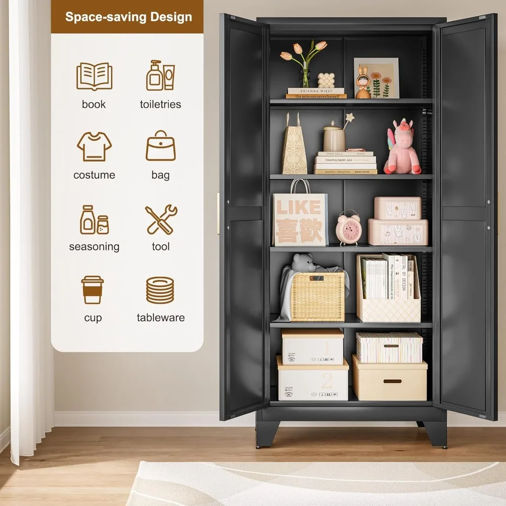 

71" Storage Cabinet with Doors and Shelves, Tall Pantry Cabinet in Black with 2 Doors & 4 Adjustable Shelve, Customized